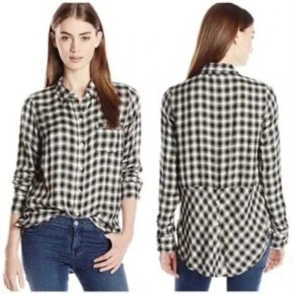 LUCKY BRAND Women Bungalow Flannel Shirt Sz M Blue Button Back Hi Lo Hem 47-11 - Picture 1 of 15
